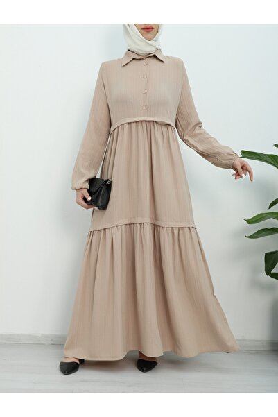 Modamorfo Segmented Half Buttoned Sleeve Elastic Dress -Beige