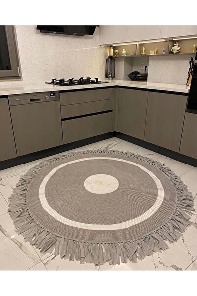 Halımax Milda 38 Hasırlı El Örgüsü Çift Taraflı Jüt Kilim Yuvarlak Gri Püsküllü Jüt Halı