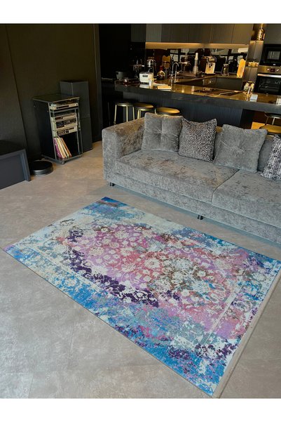 Rugs Modern Halı Barcelona Collection Antique Look Blue Pink Patterned Vintag...
