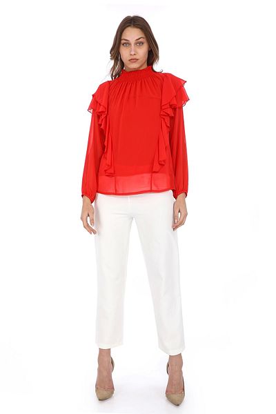 lodmela Elastic Chiffon Blouse - Shoulder Ruffle, Red 6001