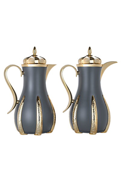 Alsaif Gallery Sana Dark Gray And Gold Thermos Set, 1 Liter, 2 Pieces
