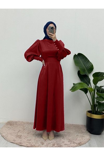 Modamorfo Long Cuffed Waist Tie Satin Balloon Sleeve Dress -Red
