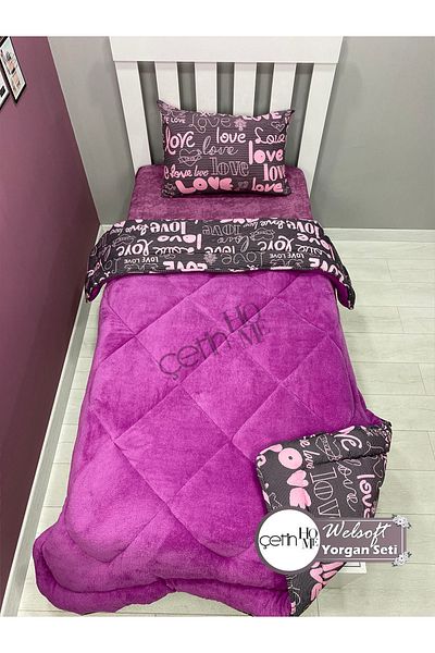 Çetinhome Single Reversible Welsoft Quilt with Pillow Case Soft Surface 155x215cm Purple Love