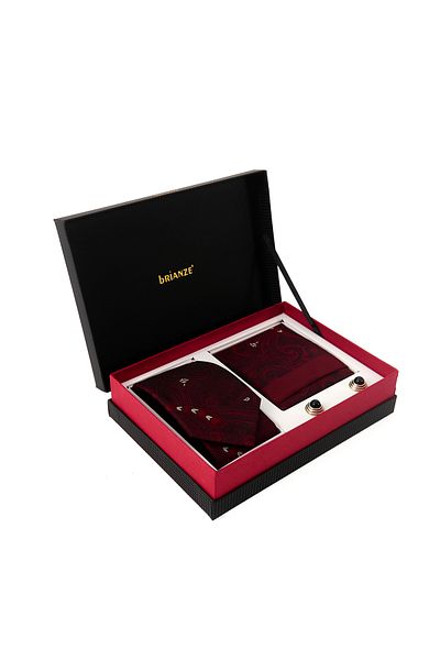 Brianze Burgundy White Shawl Pattern Tie Handkerchief Cufflink Gift Set
