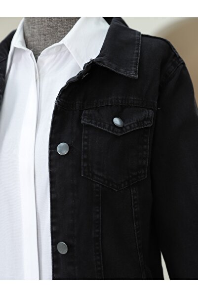Modamorfo Black Random Washed Denim Jacket - Pocket Detail