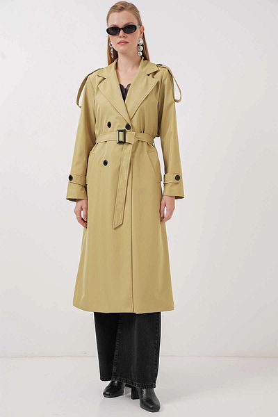hazelin Oil Green Double Breasted Trench Coat with Belt and Lining, Seasonal Hzl25W-Bd 159411