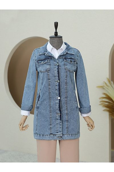 Modamorfo Random Wash Detaillierte Jeansjacke mit Taschen – Eisblau