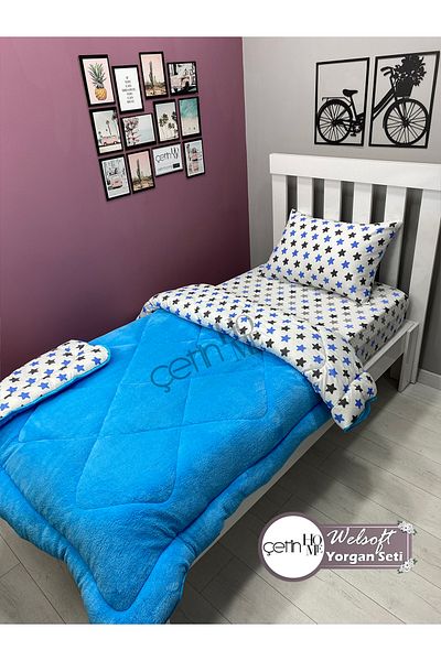 Çetinhome Single Reversible Welsoft Quilt with Pillow Case Soft Surface 155x215cm Blue Star