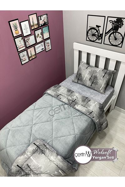 Çetinhome Single Reversible Welsoft Quilt with Pillow Case Soft Surface 155x215cm Wood Gray