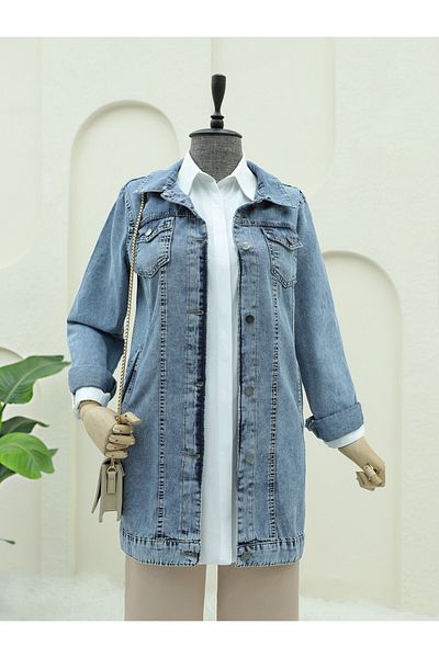 Modamorfo Random Wash Detaillierte Jeansjacke mit Taschen – Eisblau