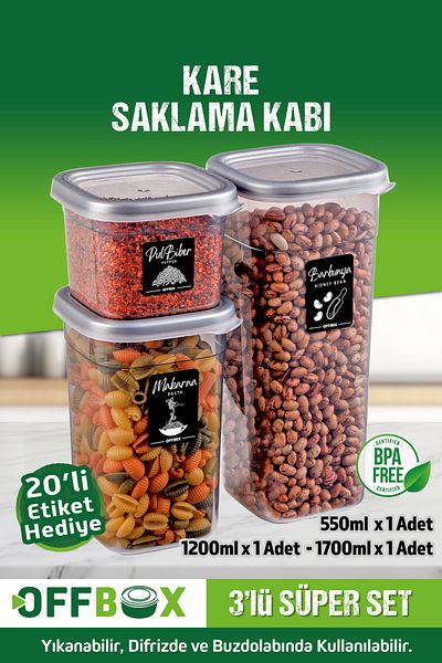OFFBOX 3-Piece Square Food Storage Set - 0.55-1.2-1.7-Liter, 20 Tags Gift - Seasoning Set - 10K