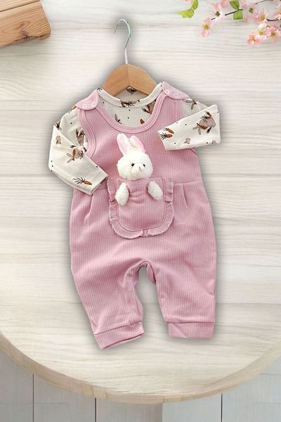 Minigimin Cicileri Pink My Little Rabbit Detailed Baby Girl Jumpsuit and Bodysuit