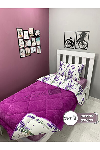 Çetinhome Single Reversible Welsoft Quilt with Pillow Case Soft Surface 155x215cm Lavender Purple