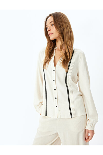 Koton Uzun Kollu Mandarin Yaka Şerit Detaylı Viskon Keten Karışımlı Gömlek