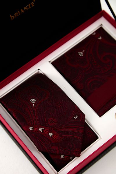Brianze Burgundy White Shawl Pattern Tie Handkerchief Cufflink Gift Set