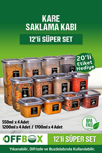 OFFBOX 12 Li Kare Erzak Bakliyat Saklama Kabı Seti Baharatlık Mutfak Çeyiz Seti 20 Etiket Hediyeli Set-1k