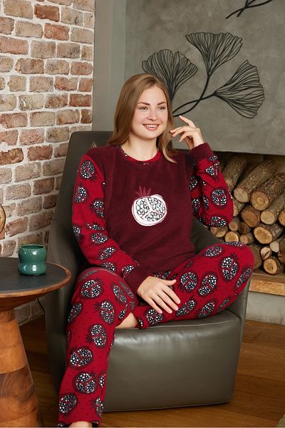 Prestij İç Giyim Women's Plus Size Print Crew Neck Winter Soft Textured Fleece Pajamas Set