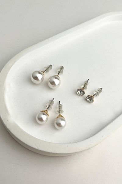 Modex Set of 3 Pairs of Earrings with Gold Color Pearls and Stones