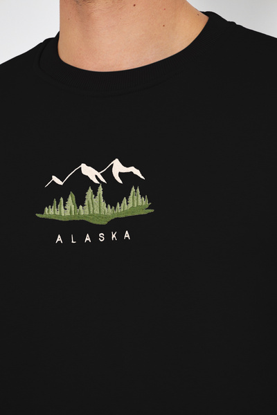 Northlight Unisex Siyah Mountains Nakışlı Bisiklet Yaka İçi Yumuşak Polarlı Oversize Sweatshirt