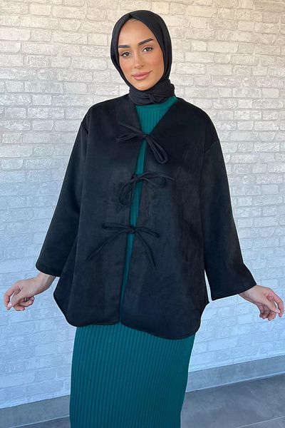 julude Μαύρο γυναικείο μπροστινό δεμένο μπουφάν Hijab Suede