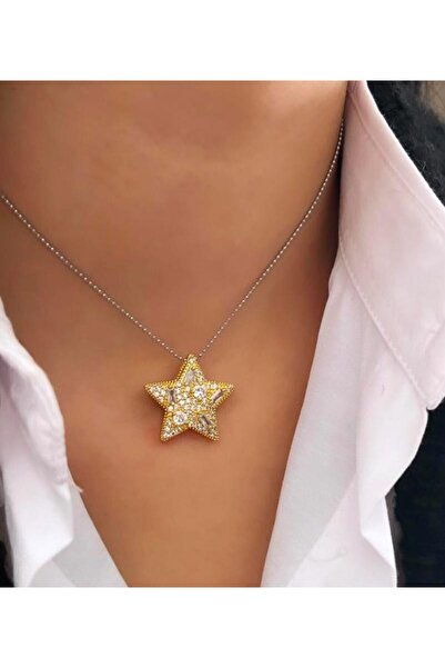 Genel Markalar Çelik Silver Yıldızlı Parıltılı Şık Kolye 45cm