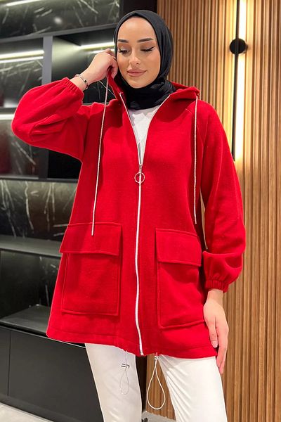julude Red Zippered Hooded Hijab Stamp Jacket