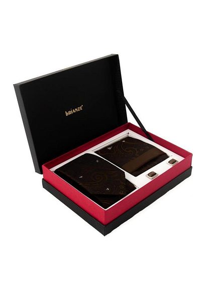 Brianze Brown White Shawl Pattern Tie Handkerchief Cufflink Gift Set