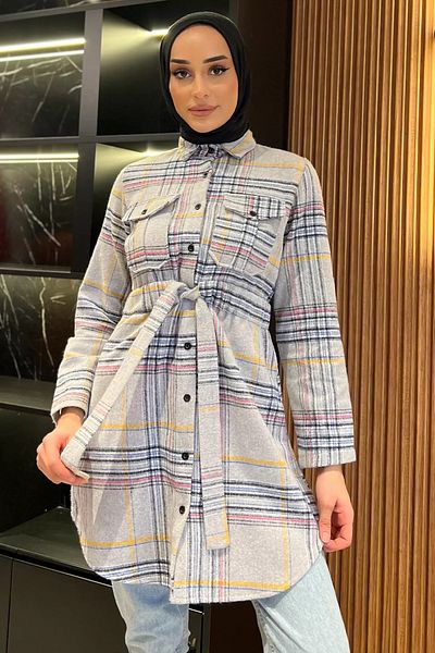 julude Gray Plaid Patterned Double Pocket Hijab Tunic