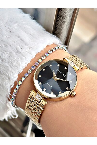 Ferrucci Altın Renk Kesme Cam Kristal Model Şık Model Kadın Kol Saati + BİLEK...
