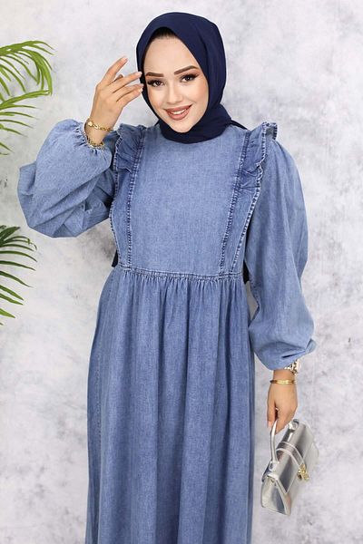 benguen Rochie din denim cu volane în față - Albastru 837-1