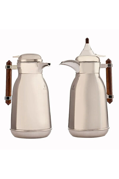Alsaif Gallery A Shiny Silver Steel Thermos With A Wooden Handle, Two Pieces