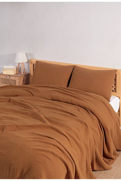 MYLASA HOME 4 Layer Muslin Double Bed Cover Set-230X250 Cm, Summer Pique & Pillow Case (3 Pieces)-Camel