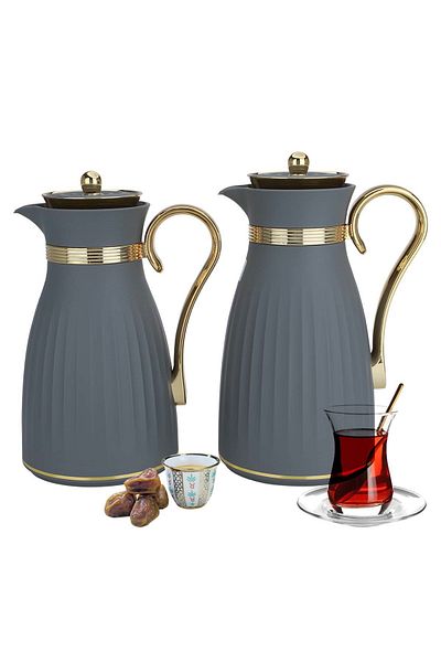 Alsaif Gallery Dana Dark Gray Thermos Set With Golden Handle, 2 Pieces