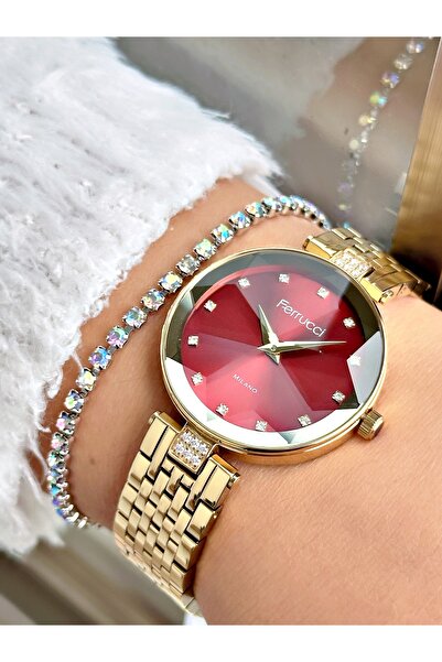 Ferrucci Altın Renk Kesme Cam Kristal Model Şık Model Kadın Kol Saati + BİLEK...