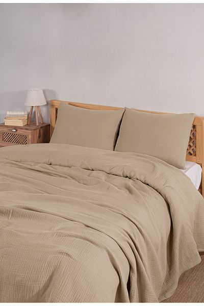 MYLASA HOME 4 Layer Muslin Double Bed Cover Set-230X250 Cm, Summer Pique & Pillow Case (3 Pieces)-Beige