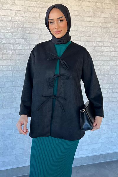 julude Μαύρο γυναικείο μπροστινό δεμένο μπουφάν Hijab Suede