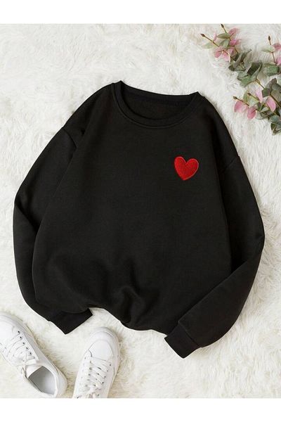 MODARİCH Κόκκινο φούτερ Mini Heart - Μαύρο Oversize εμπριμέ, ανυψωμένο λαιμόκοψη