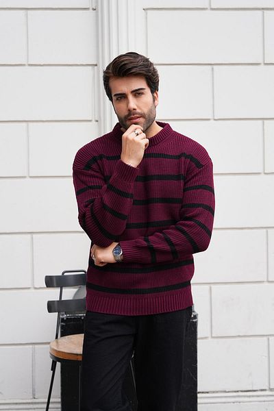 Figo Crew Neck Striped Thick Sweater
