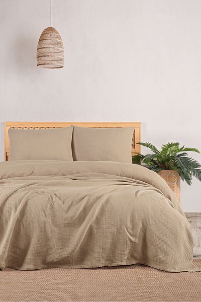 MYLASA HOME 4 Layer Muslin Double Bed Cover Set-230X250 Cm, Summer Pique & Pillow Case (3 Pieces)-Beige