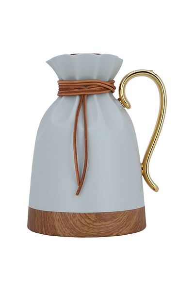 Alsaif Gallery Balqis Thermos, Light Gray With Golden Wooden Handle, 1 Liter