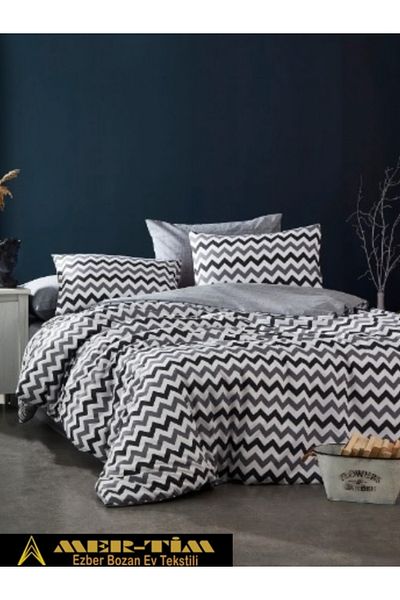 mer-tim ezberbozan ev tekstili Комплект завивка Mer-Tim Cotton Ranforce King Size, черно-сив зигзаг, 220x240 (чаршафите не са включени)