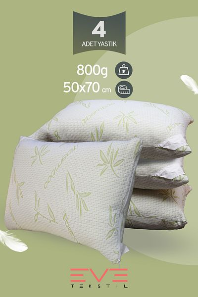 Eve Tekstil 4 bucăți Seria Bamboo Husă cu fermoar Pernă antialergică din nanofibră lavabilă 50x70cm 800 gr
