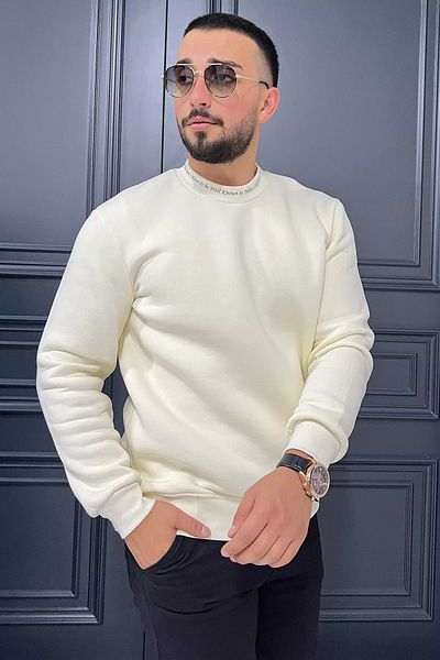 MİSHAR İTALİA Κρεμ ανδρικό γιακά με στάμπα ροζ χρυσό φούτερ με τρεις κλωστές