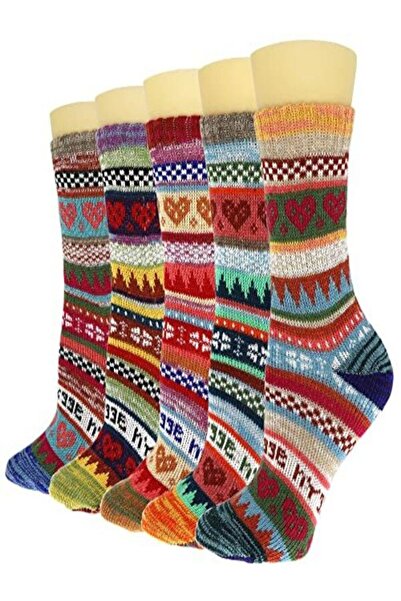 Sky Socks 3'lü Kışlık Kalın Örgülü Renkli Karışık Desenli Soket Çorap Set