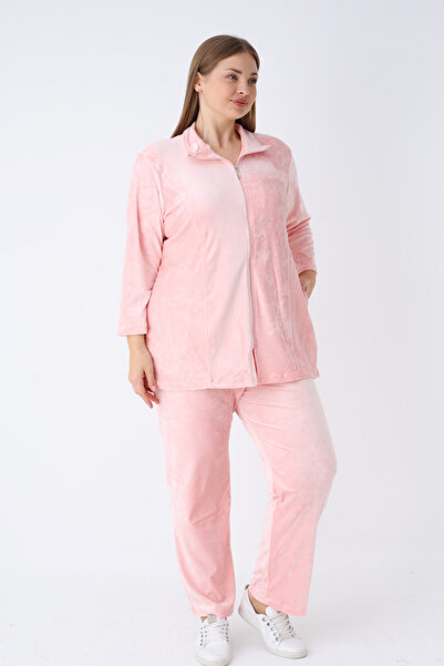 İntensive Women's Plus Size Fleece Long Sleeve Zipper Soft Tracksuit with Pockets