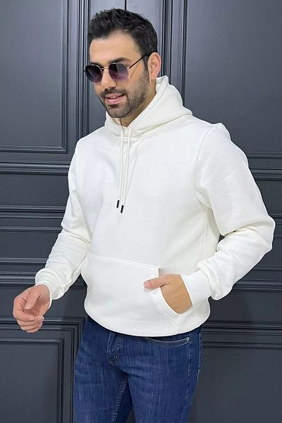 MİSHAR İTALİA Κρεμ ανδρική κουκούλα καγκουρό με τσέπη ριγέ φούτερ με τρεις κλωστές
