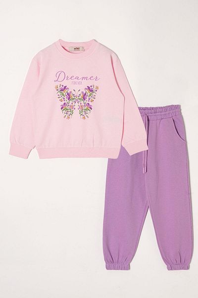 zepkids Dreamer Butterfly Printed Light Pink - Dark Lilac Color Girl's Tracksuit Set
