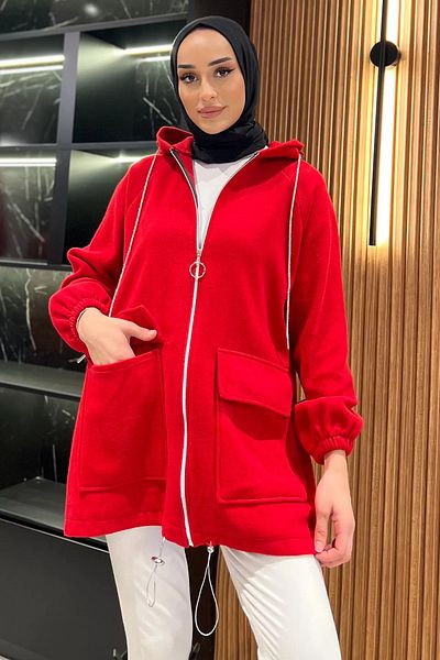 julude Red Zippered Hooded Hijab Stamp Jacket