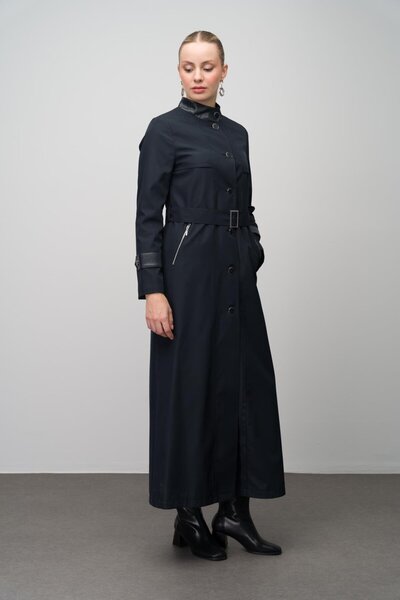 Olcay Tmavě modrý 4298 - Dlouhý trenčkot s podšívkou, kůží a kapucí