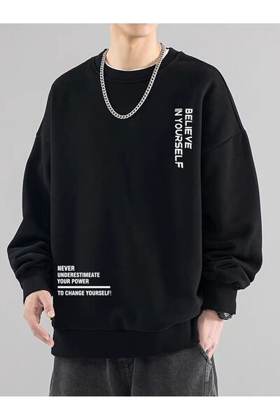 Mythologie Hanorac pentru bărbați Believe - Gâtul rotund oversize cu imprimeu negru